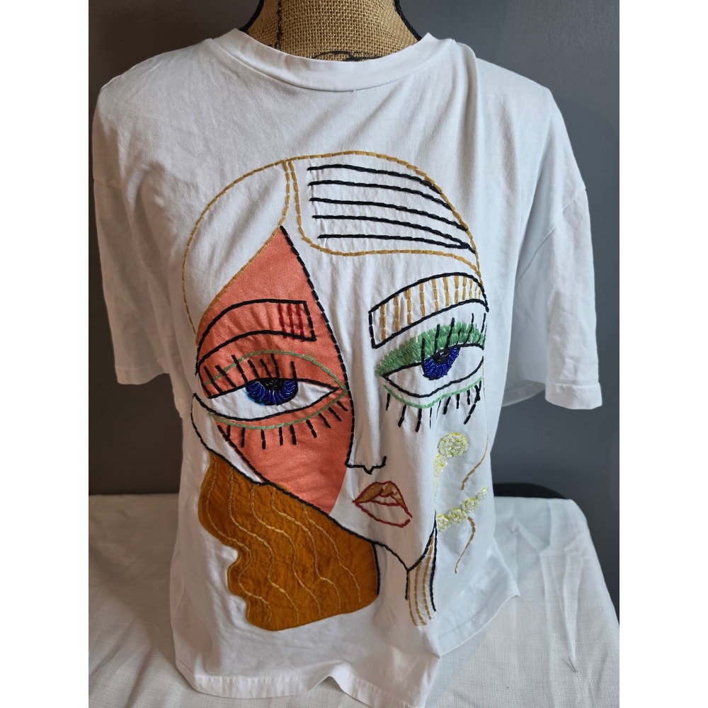 Zara White Abstract Face Embroidered Beaded Graphic T-Shirt Large